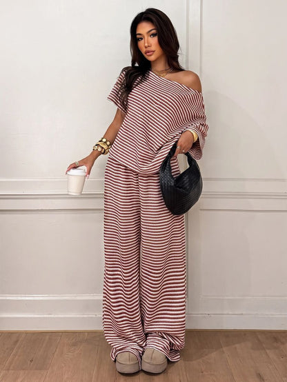 Siren Gaze Women's Fall White Casual Striped Asymmetric Collar T-Shirt Pants 2 Pieces Set Back To School Going Out Y2k Basic Streetwear Gym Halloween Sports Gym
