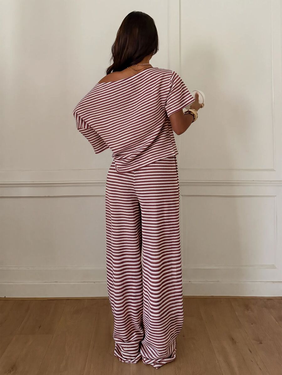 Siren Gaze Women's Fall White Casual Striped Asymmetric Collar T-Shirt Pants 2 Pieces Set Back To School Going Out Y2k Basic Streetwear Gym Halloween Sports Gym