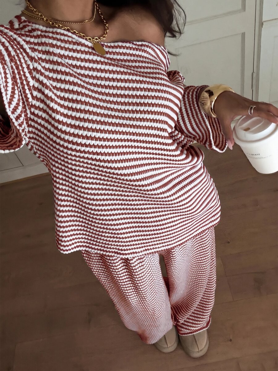 Siren Gaze Women's Fall White Casual Striped Asymmetric Collar T-Shirt Pants 2 Pieces Set Back To School Going Out Y2k Basic Streetwear Gym Halloween Sports Gym