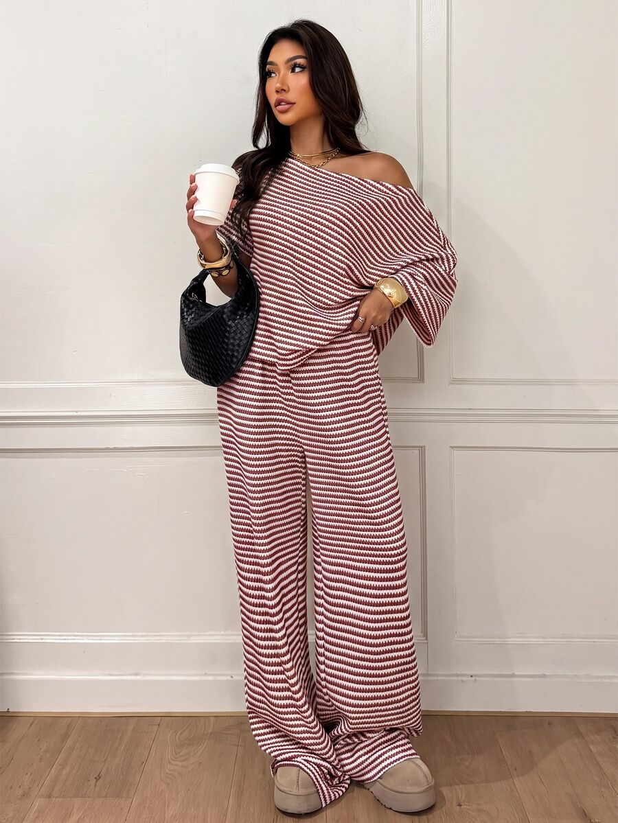 Siren Gaze Women's Fall White Casual Striped Asymmetric Collar T-Shirt Pants 2 Pieces Set Back To School Going Out Y2k Basic Streetwear Gym Halloween Sports Gym