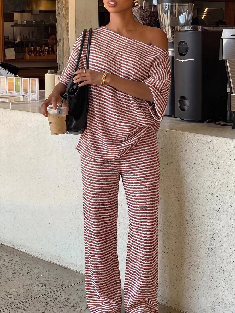 Siren Gaze Women's Fall White Casual Striped Asymmetric Collar T-Shirt Pants 2 Pieces Set Back To School Going Out Y2k Basic Streetwear Gym Halloween Sports Gym