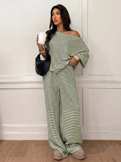 Siren Gaze Women's Fall White Casual Striped Asymmetric Collar T-Shirt Pants 2 Pieces Set Back To School Going Out Y2k Basic Streetwear Gym Halloween Sports Gym
