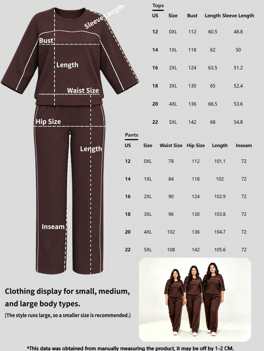 Spring/Autumn Plus Size Women's New Round Neck 3/4 Sleeve T-Shirt & Casual Daily Elastic Waist Loose Long Pants 2-Piece Set, Visual Concealing Elegant