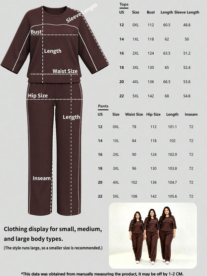 Spring/Autumn Plus Size Women's New Round Neck 3/4 Sleeve T-Shirt & Casual Daily Elastic Waist Loose Long Pants 2-Piece Set, Visual Concealing Elegant
