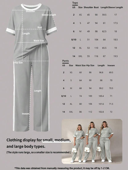 Spring/Summer Women's Casual Matching Contrast Color Round Neck Short Sleeve Top And High Waist Drawstring Straight Leg Pants 2 Pieces Set Elegant