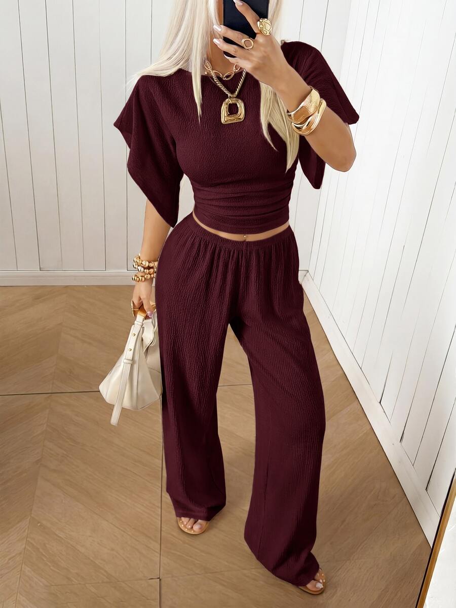 SHEIN EZwear Women's Solid Color Pleated Top And Elastic Waist Long Pants Casual Daily Set Brunch Dark Brown Summer