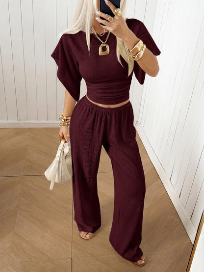 SHEIN EZwear Women's Solid Color Pleated Top And Elastic Waist Long Pants Casual Daily Set Brunch Dark Brown Summer