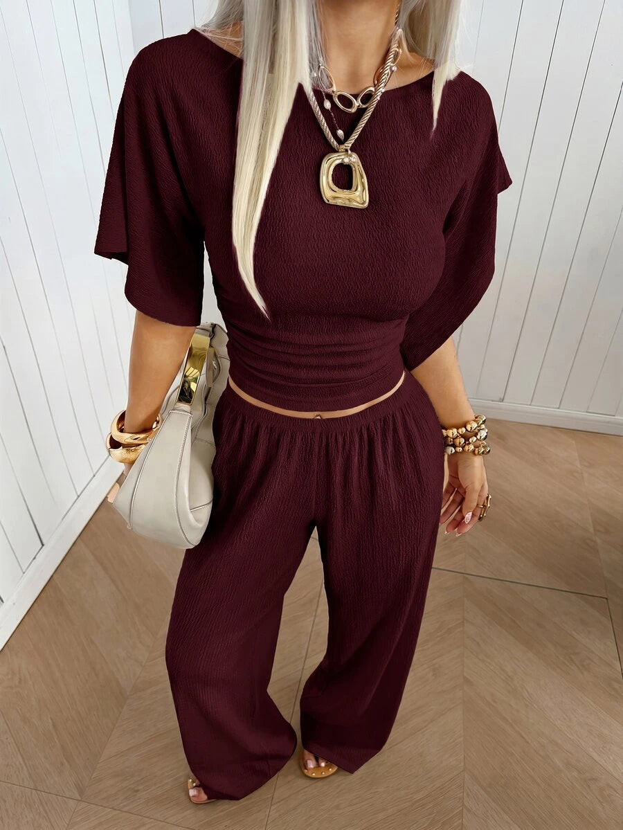 SHEIN EZwear Women's Solid Color Pleated Top And Elastic Waist Long Pants Casual Daily Set Brunch Dark Brown Summer