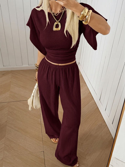 SHEIN EZwear Women's Solid Color Pleated Top And Elastic Waist Long Pants Casual Daily Set Brunch Dark Brown Summer