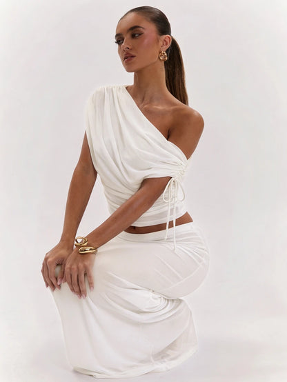 SHEIN BAE Women's Solid Color Asymmetrical Neck Top And Skirt Casual 2 Pieces Set
