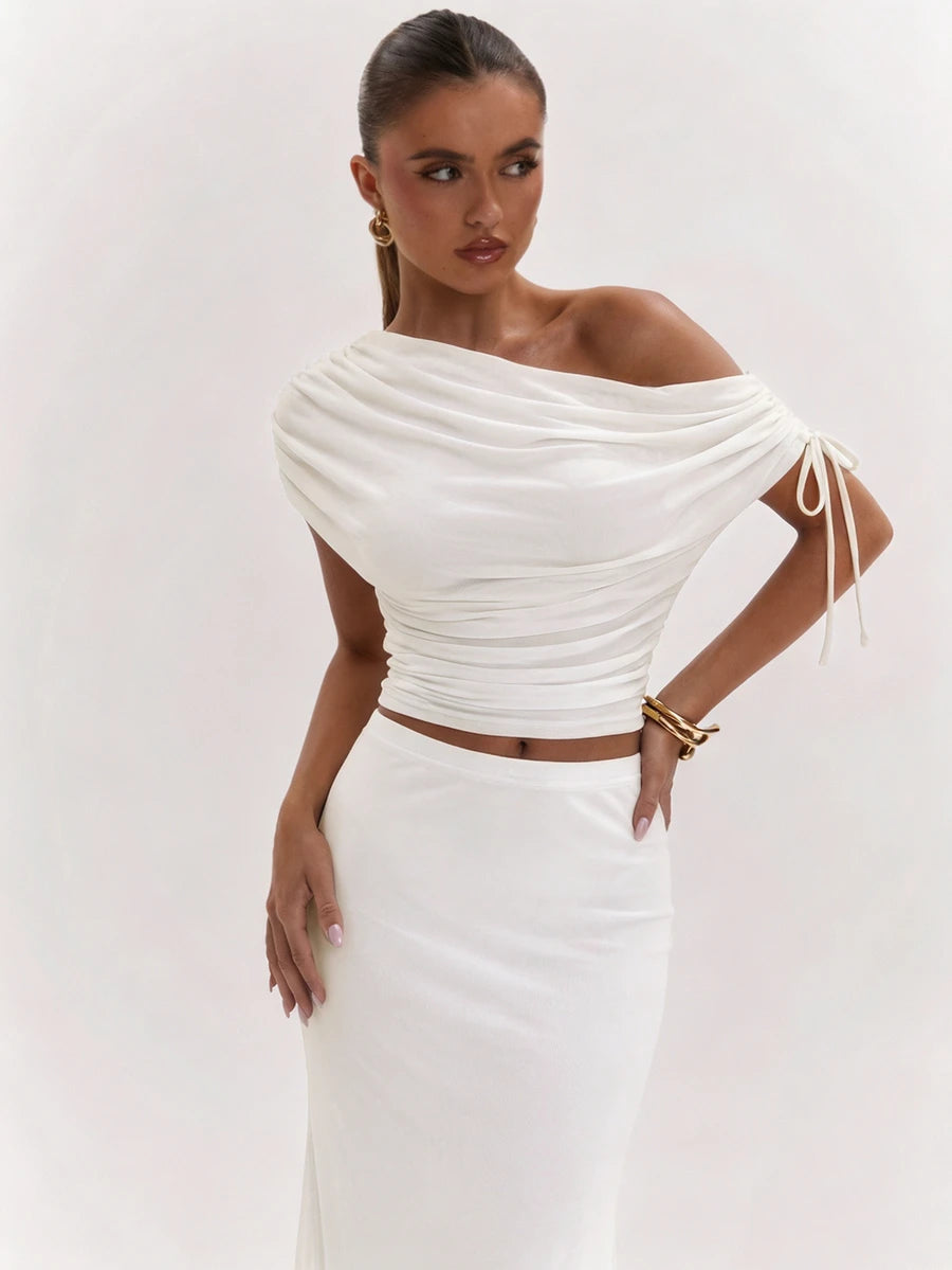 SHEIN BAE Women's Solid Color Asymmetrical Neck Top And Skirt Casual 2 Pieces Set