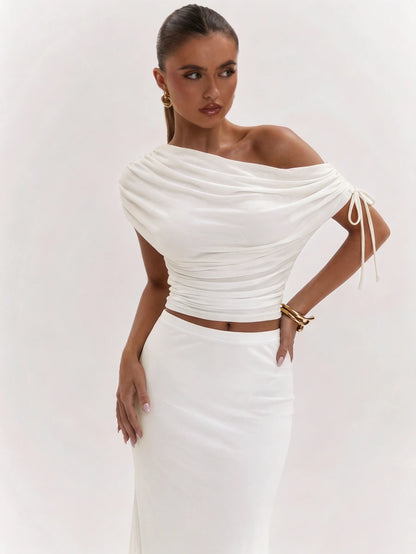 SHEIN BAE Women's Solid Color Asymmetrical Neck Top And Skirt Casual 2 Pieces Set