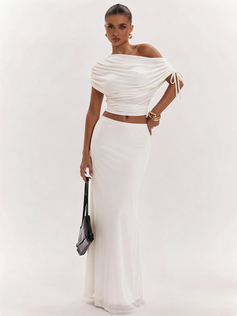 SHEIN BAE Women's Solid Color Asymmetrical Neck Top And Skirt Casual 2 Pieces Set