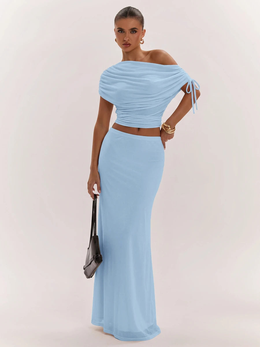 SHEIN BAE Women's Solid Color Asymmetrical Neck Top And Skirt Casual 2 Pieces Set