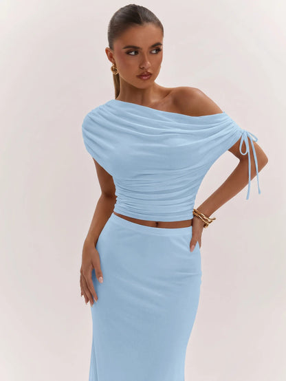 SHEIN BAE Women's Solid Color Asymmetrical Neck Top And Skirt Casual 2 Pieces Set