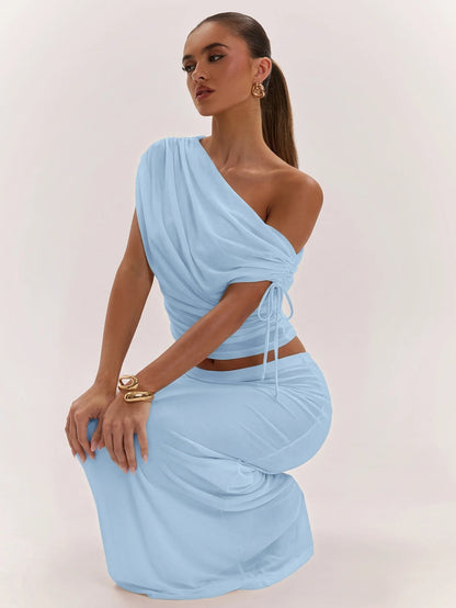 SHEIN BAE Women's Solid Color Asymmetrical Neck Top And Skirt Casual 2 Pieces Set