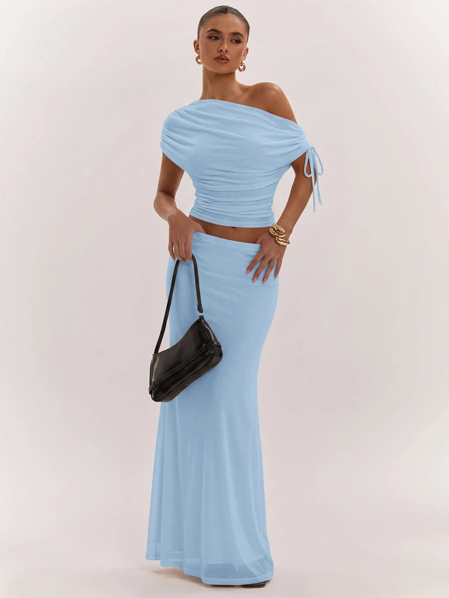 SHEIN BAE Women's Solid Color Asymmetrical Neck Top And Skirt Casual 2 Pieces Set