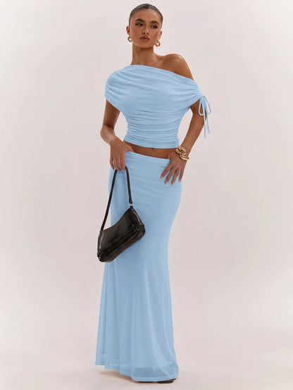 SHEIN BAE Women's Solid Color Asymmetrical Neck Top And Skirt Casual 2 Pieces Set