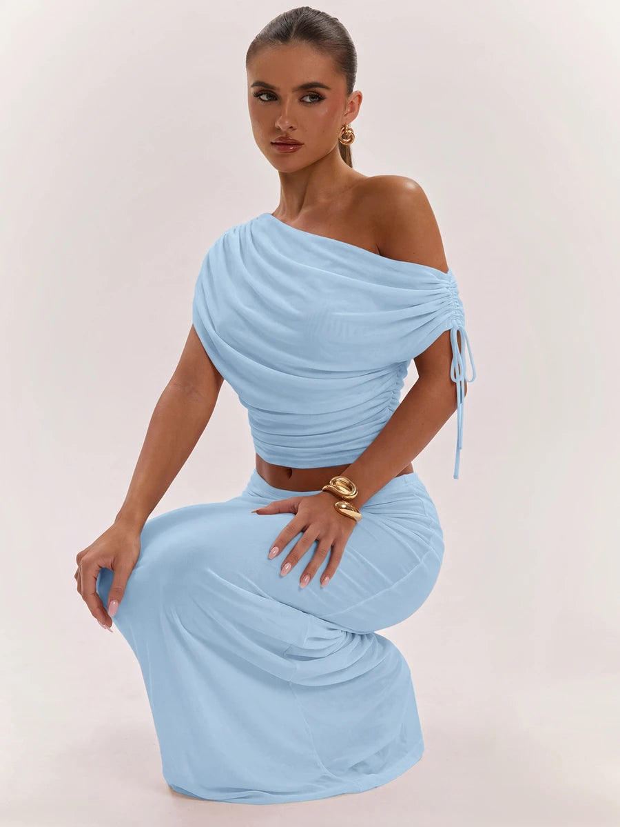 SHEIN BAE Women's Solid Color Asymmetrical Neck Top And Skirt Casual 2 Pieces Set