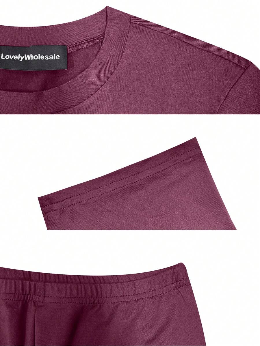 LovelyWholesale Women's Casual Crew Neck Short Sleeve Solid Color T-Shirt & 3/4 Length Pants Black 2 Pieces Set Summer Outfit Elegant