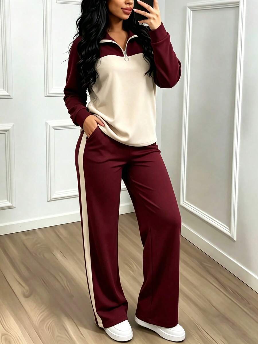 Women's Casual Set, Collared Loose Top And Wide Leg Pants 2 Pieces Outfit, Autumn/Winter Spring Elegant