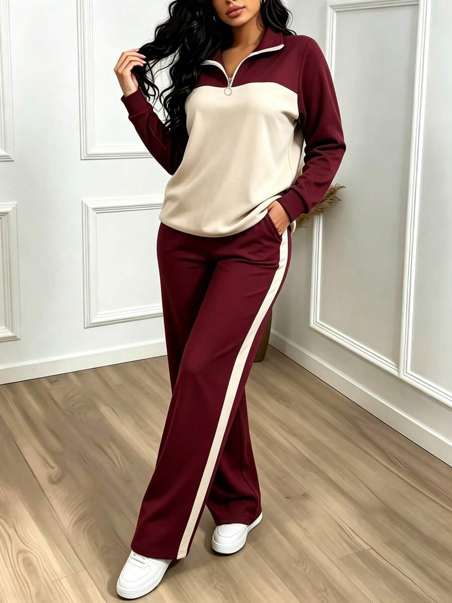 Women's Casual Set, Collared Loose Top And Wide Leg Pants 2 Pieces Outfit, Autumn/Winter Spring Elegant