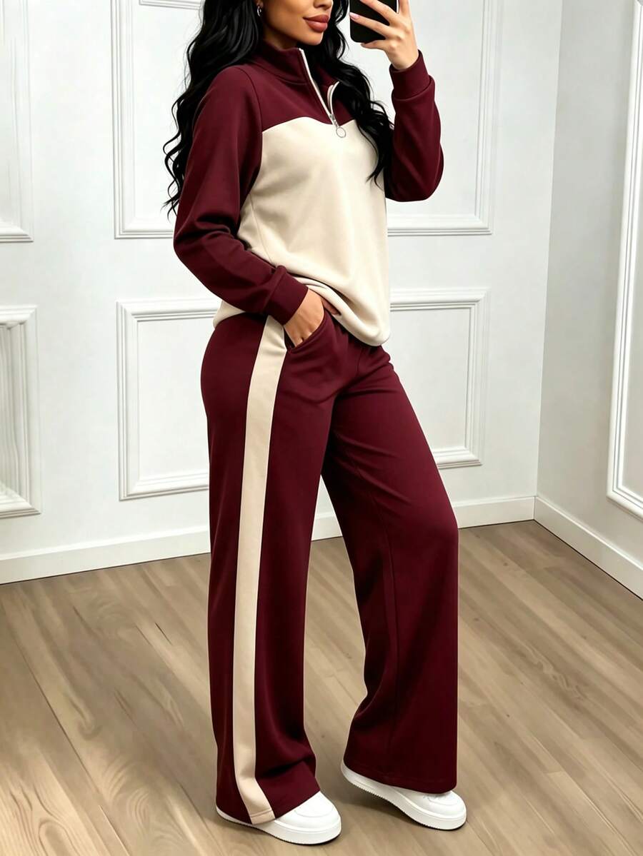 Women's Casual Set, Collared Loose Top And Wide Leg Pants 2 Pieces Outfit, Autumn/Winter Spring Elegant