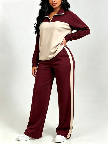 Women's Casual Set, Collared Loose Top And Wide Leg Pants 2 Pieces Outfit, Autumn/Winter Spring Elegant