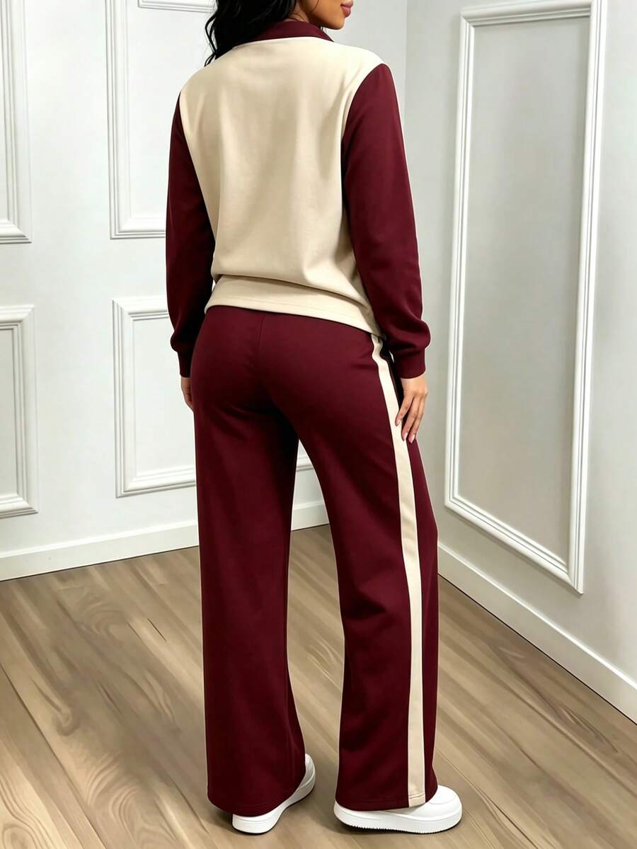 Women's Casual Set, Collared Loose Top And Wide Leg Pants 2 Pieces Outfit, Autumn/Winter Spring Elegant