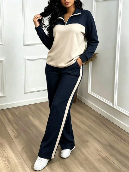 Women's Casual Set, Collared Loose Top And Wide Leg Pants 2 Pieces Outfit, Autumn/Winter Spring Elegant