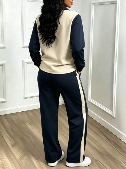 Women's Casual Set, Collared Loose Top And Wide Leg Pants 2 Pieces Outfit, Autumn/Winter Spring Elegant
