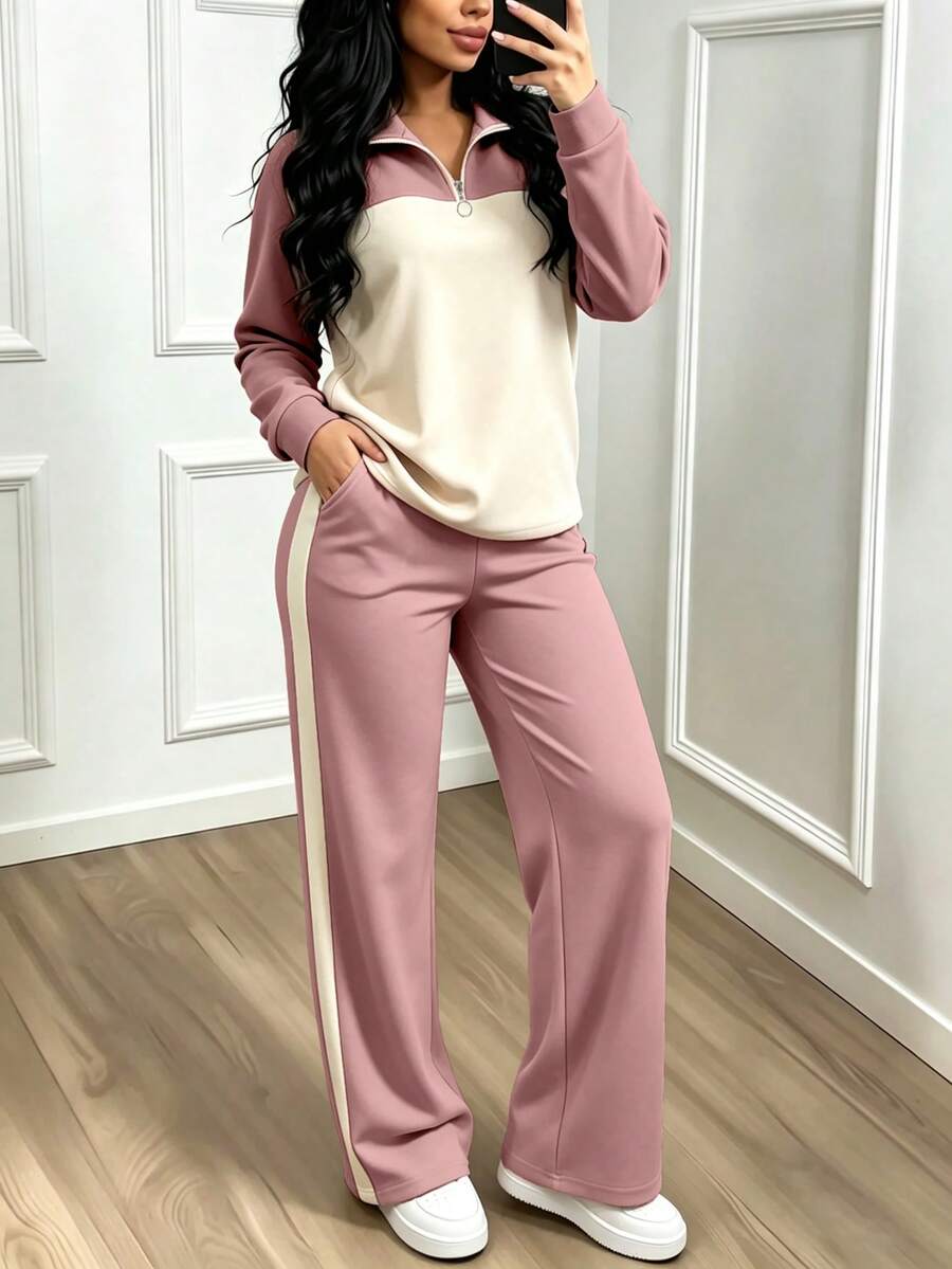 Women's Casual Set, Collared Loose Top And Wide Leg Pants 2 Pieces Outfit, Autumn/Winter Spring Elegant