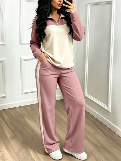 Women's Casual Set, Collared Loose Top And Wide Leg Pants 2 Pieces Outfit, Autumn/Winter Spring Elegant