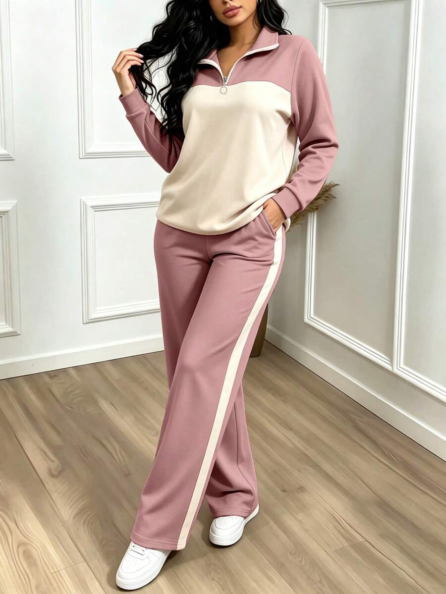 Women's Casual Set, Collared Loose Top And Wide Leg Pants 2 Pieces Outfit, Autumn/Winter Spring Elegant