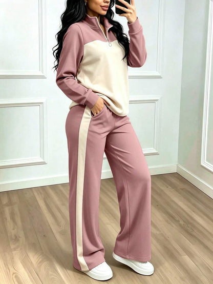 Women's Casual Set, Collared Loose Top And Wide Leg Pants 2 Pieces Outfit, Autumn/Winter Spring Elegant