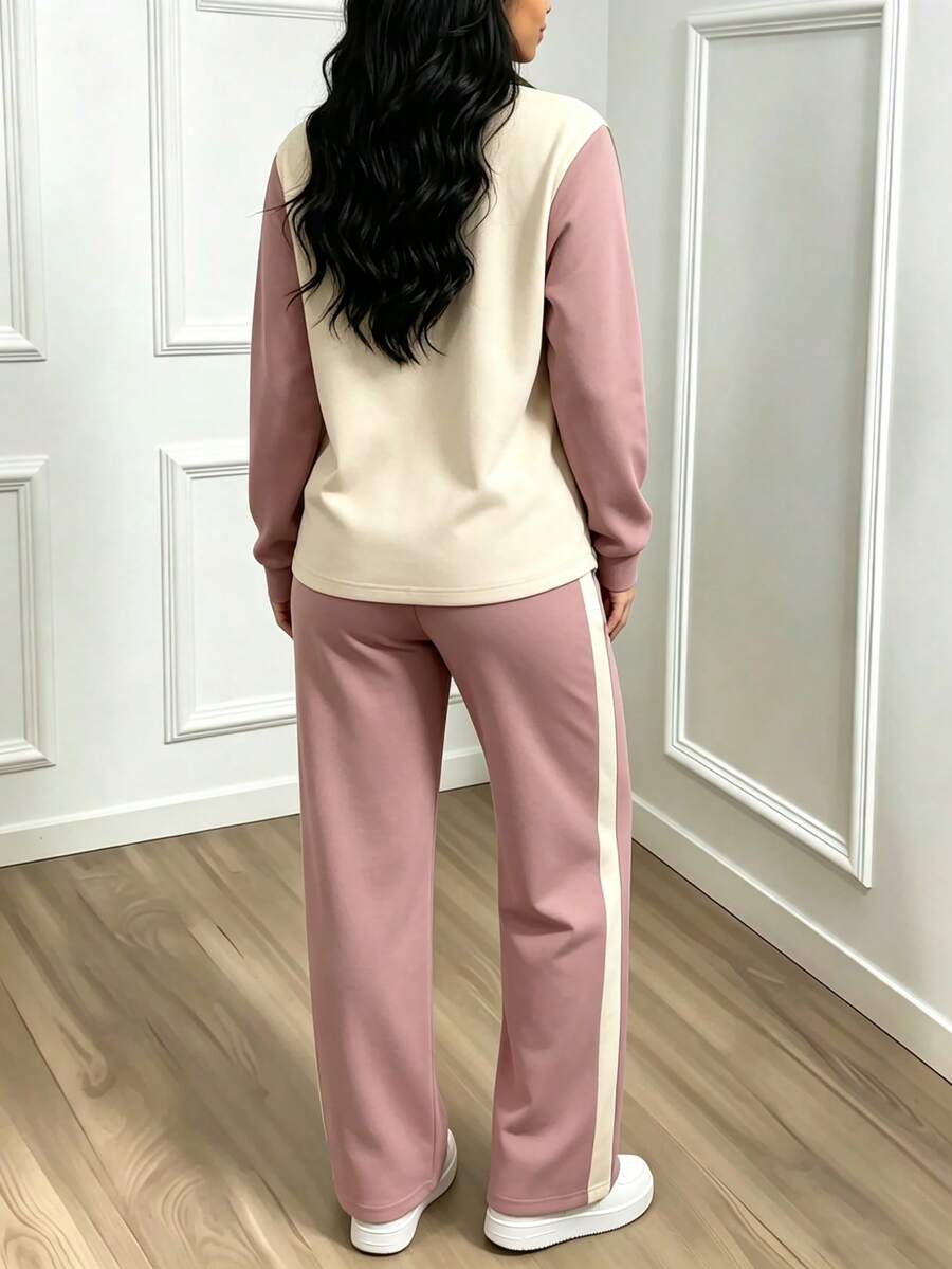 Women's Casual Set, Collared Loose Top And Wide Leg Pants 2 Pieces Outfit, Autumn/Winter Spring Elegant