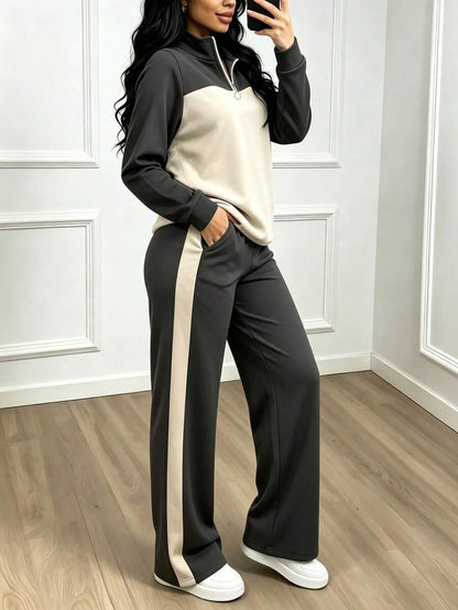 Women's Casual Set, Collared Loose Top And Wide Leg Pants 2 Pieces Outfit, Autumn/Winter Spring Elegant