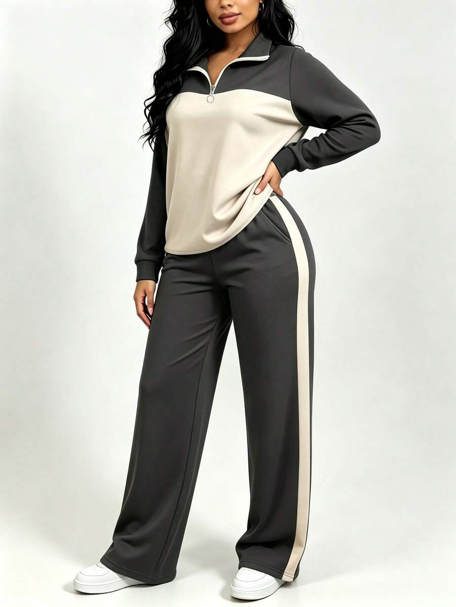 Women's Casual Set, Collared Loose Top And Wide Leg Pants 2 Pieces Outfit, Autumn/Winter Spring Elegant