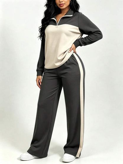 Women's Casual Set, Collared Loose Top And Wide Leg Pants 2 Pieces Outfit, Autumn/Winter Spring Elegant