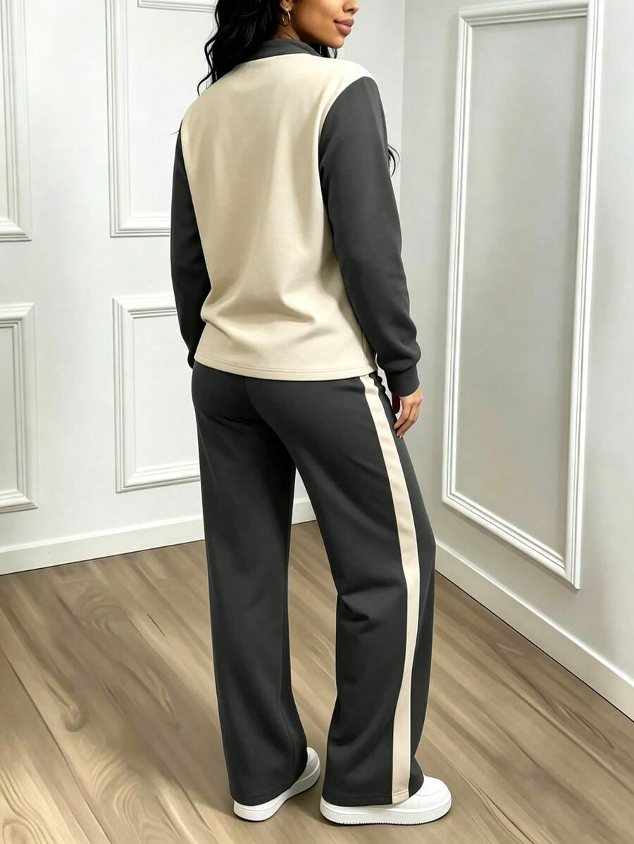 Women's Casual Set, Collared Loose Top And Wide Leg Pants 2 Pieces Outfit, Autumn/Winter Spring Elegant