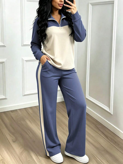Women's Casual Set, Collared Loose Top And Wide Leg Pants 2 Pieces Outfit, Autumn/Winter Spring Elegant