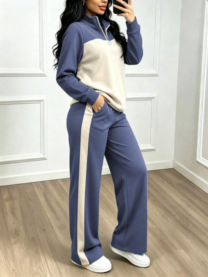 Women's Casual Set, Collared Loose Top And Wide Leg Pants 2 Pieces Outfit, Autumn/Winter Spring Elegant