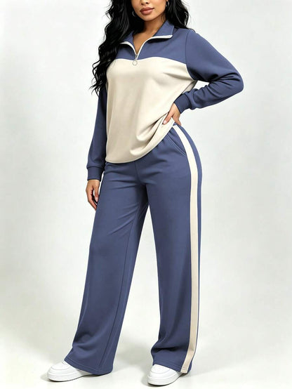 Women's Casual Set, Collared Loose Top And Wide Leg Pants 2 Pieces Outfit, Autumn/Winter Spring Elegant