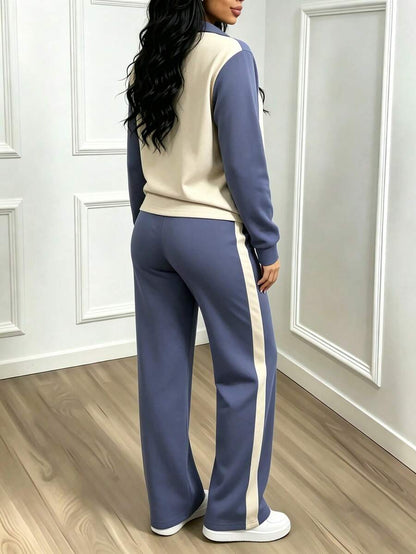 Women's Casual Set, Collared Loose Top And Wide Leg Pants 2 Pieces Outfit, Autumn/Winter Spring Elegant