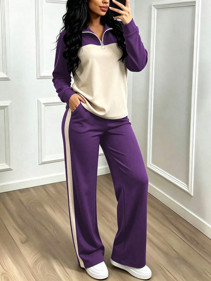 Women's Casual Set, Collared Loose Top And Wide Leg Pants 2 Pieces Outfit, Autumn/Winter Spring Elegant