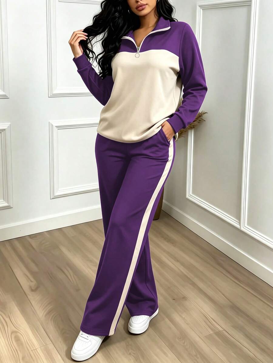 Women's Casual Set, Collared Loose Top And Wide Leg Pants 2 Pieces Outfit, Autumn/Winter Spring Elegant