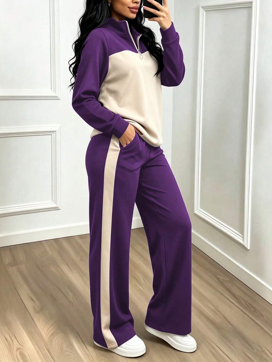 Women's Casual Set, Collared Loose Top And Wide Leg Pants 2 Pieces Outfit, Autumn/Winter Spring Elegant