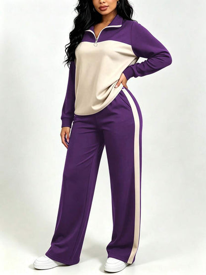 Women's Casual Set, Collared Loose Top And Wide Leg Pants 2 Pieces Outfit, Autumn/Winter Spring Elegant