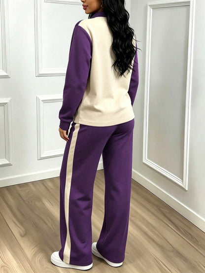 Women's Casual Set, Collared Loose Top And Wide Leg Pants 2 Pieces Outfit, Autumn/Winter Spring Elegant