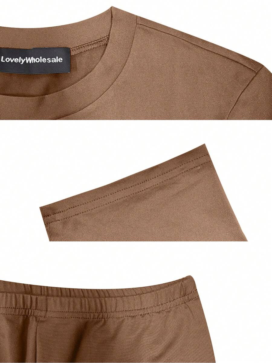 LovelyWholesale Women's Casual Crew Neck Short Sleeve Solid Color T-Shirt & 3/4 Length Pants Black 2 Pieces Set Summer Outfit Elegant